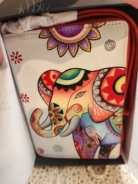 Anuschka Multicolor Boho Elephant Leather Hand Painted Zip Wallet with Red Trim